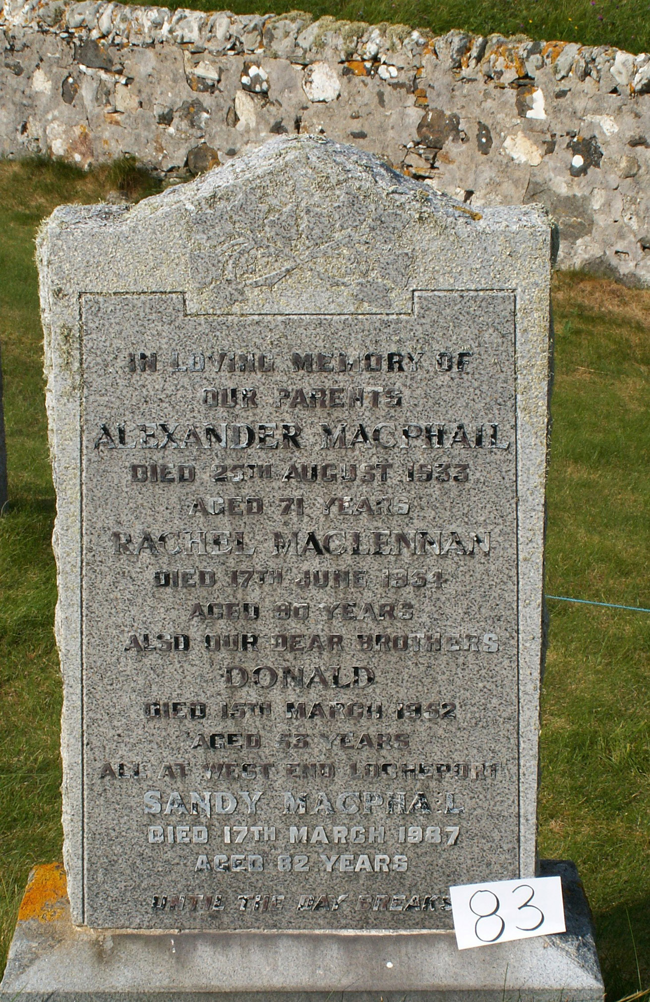 Photo of headstones/Rachel MacLennan  (MacPhail) died 1954 MI North Uist